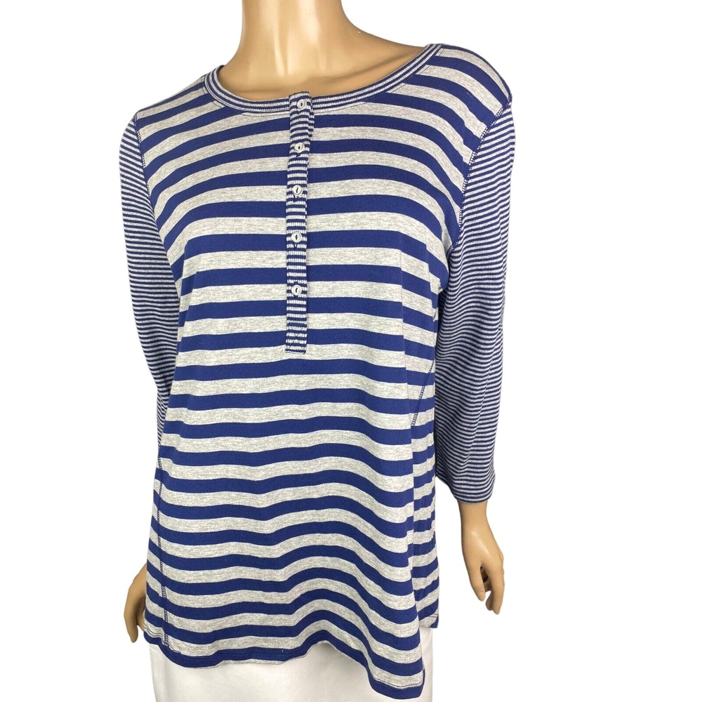 Retro-ology Henley Top size L Blue & Gray Stripe 100% Cotton 3/4 Sleeve